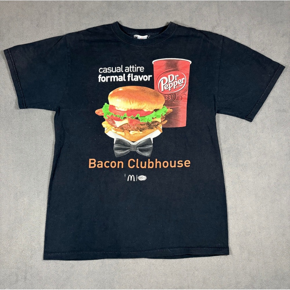 Jerzees T-Shirt Mens Large Black McDonald's Bacon Clubhouse Dr Pepper Graphic